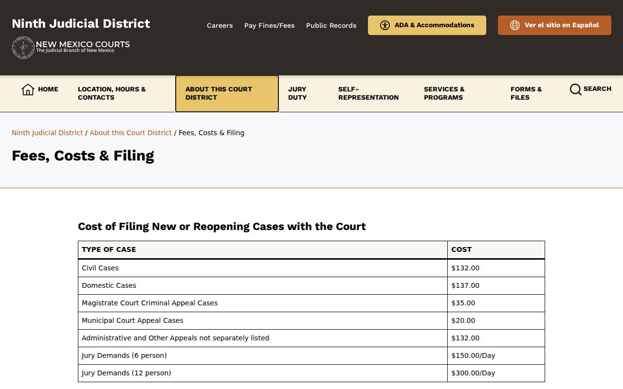Roosevelt County case search source image from Ninth District fees and filing information