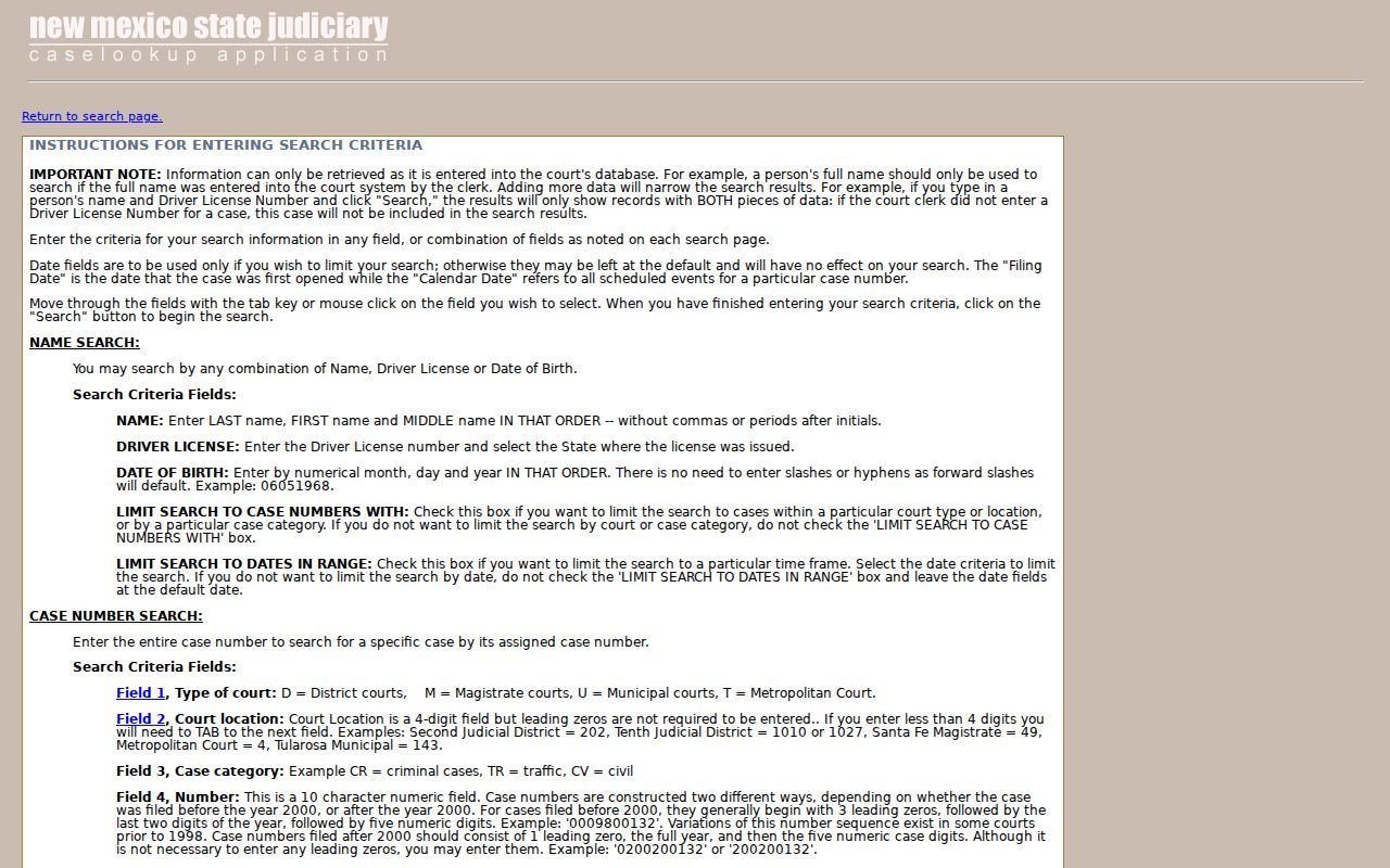 Roosevelt County court docket Case Lookup instructions screen